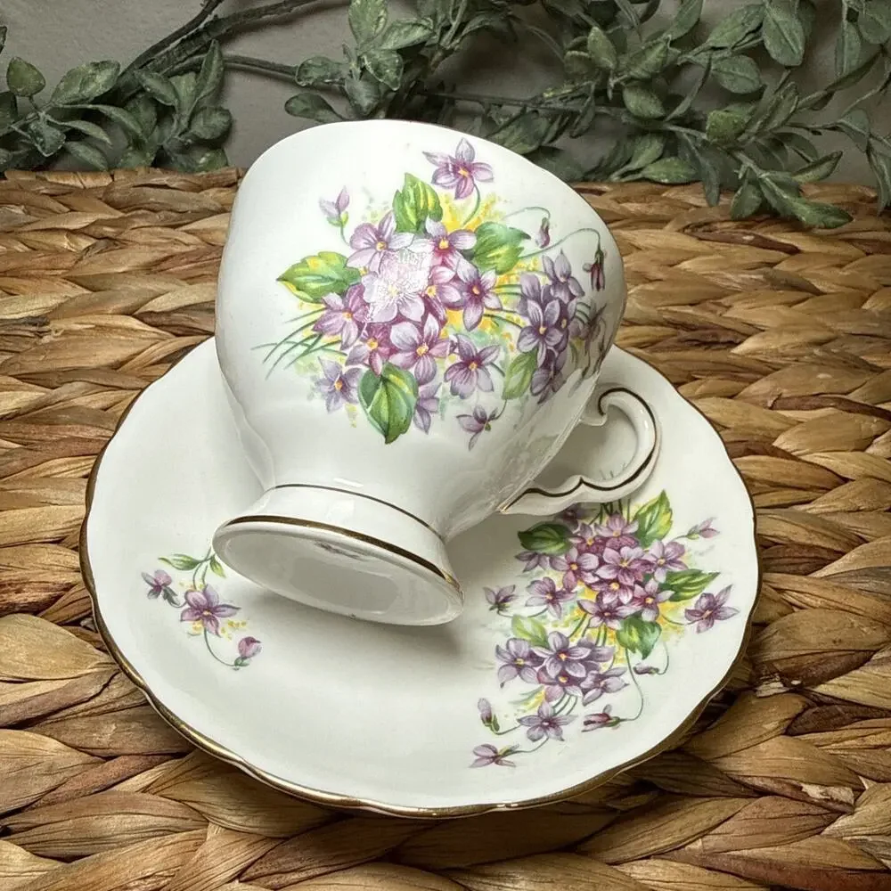 Tuscan Birthday Flowers Bone China Teacup & Saucer Violet Floral England Vtg